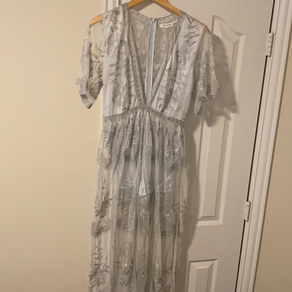 White/silver Lace Romper Maxi